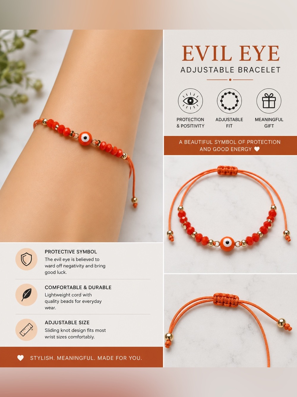 Evil Eye Beaded Adjustable Bracelet - Orange Red
